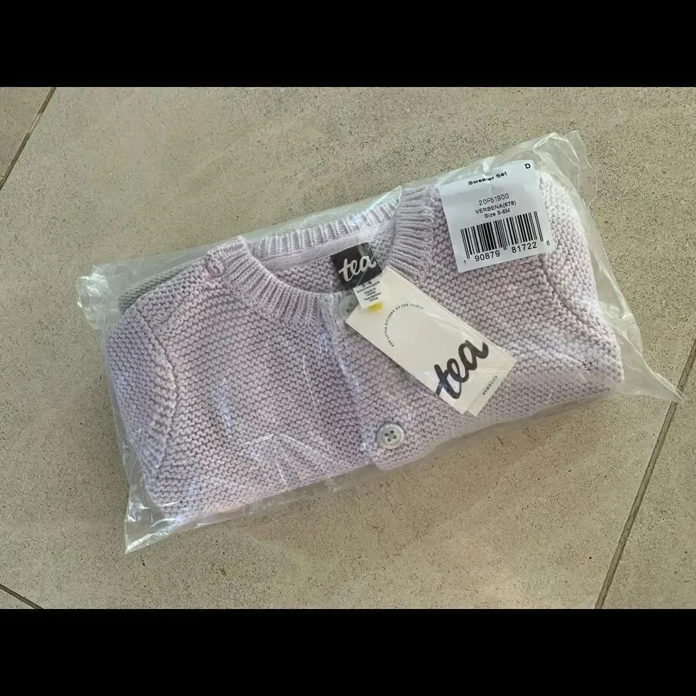 NWT New TEA COLLECTION Sweater Set Cardigan and Pants Lavender Gray 3 - 6 months